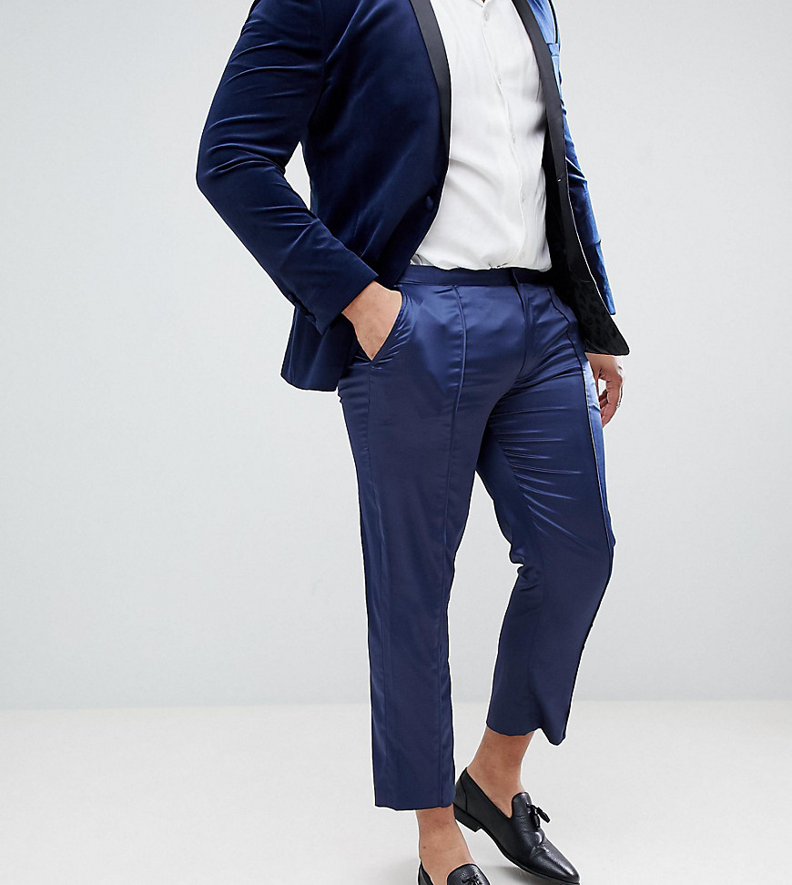 ASOS PLUS - Pantaloni skinny eleganti alla caviglia in rasatello blu navy con profili