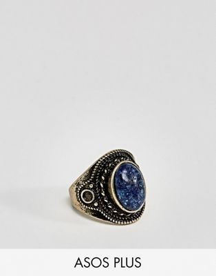 ASOS PLUS Ring In Burnished Gold With Navy Stone
