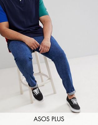 ASOS PLUS - Skinny jeans met onafgewerkte zoom in retro dark wash-Blauw