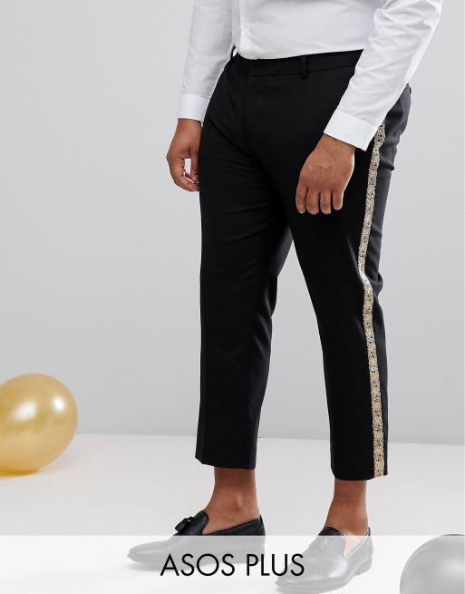 ASOS PLUS - Skinny double-breasted kostuum in zwart met goudbrokaat , 2 van 2