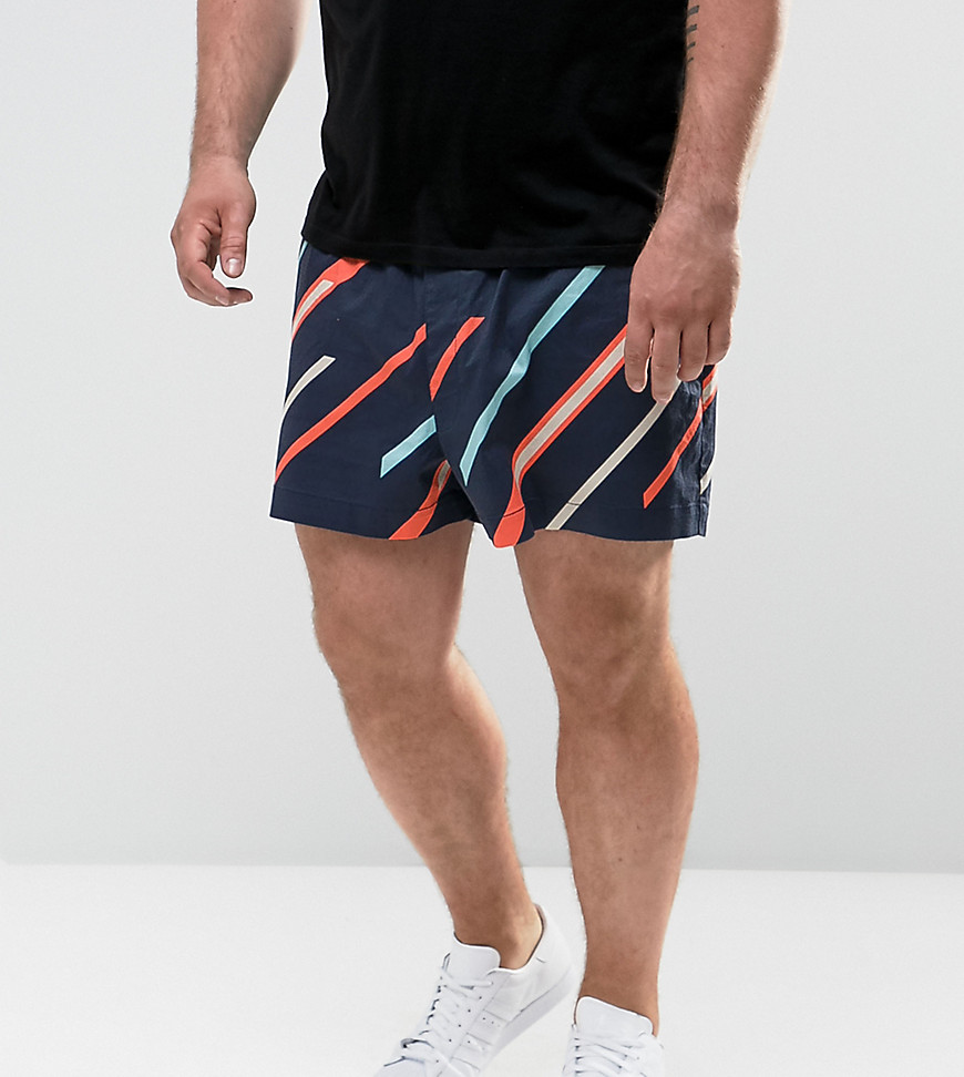ASOS PLUS Slim Shorter Shorts with Elasticated Waist and Line Print-Navy