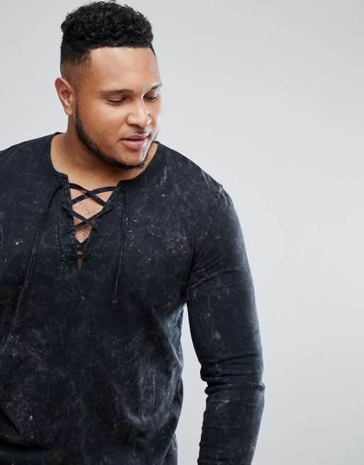 ASOS Plus - T-shirt à manches longues avec délavage à l'acide discret et encolure lacée - Noir, 3 de 4