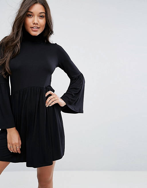 ASOS Polo Neck Smock Dress With Trumpet Sleeves