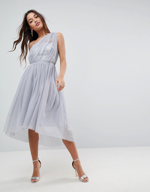 ASOS | ASOS PREMIUM Crystal Bodice Tulle One Shoulder Midi Prom Dress