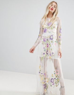 embroidered mesh maxi dress
