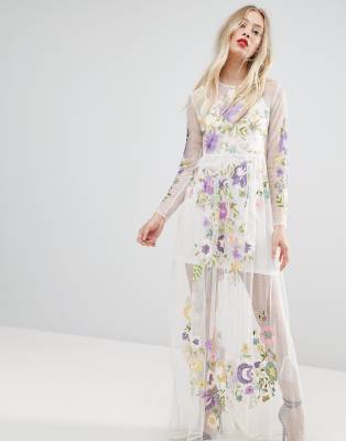 embroidered mesh maxi dress