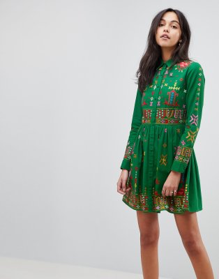 asos green embroidered dress