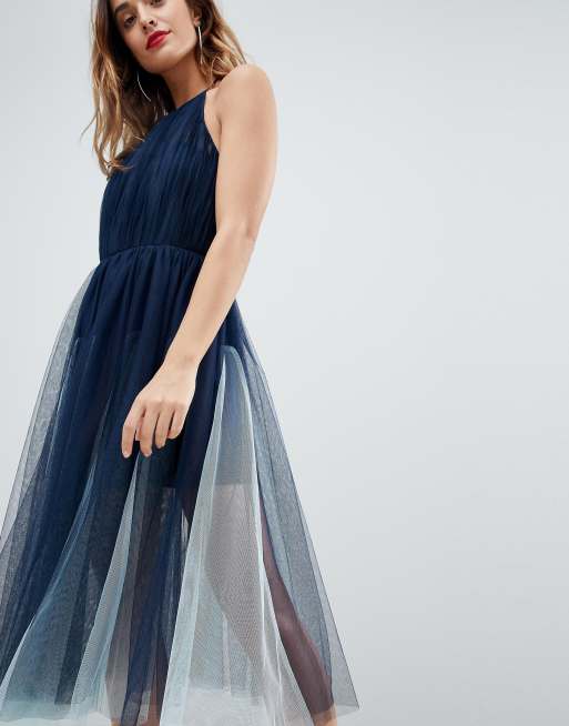 ASOS PREMIUM Godet Mittellanges Tullkleid mit Neckholder ASOS