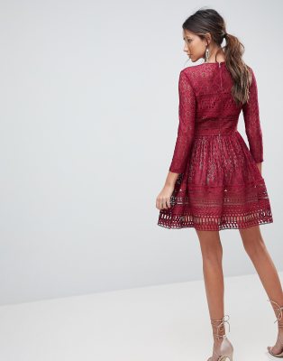 asos design premium lace mini skater dress with long sleeves