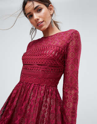 asos design premium lace mini skater dress with long sleeves