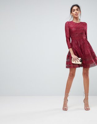 asos design premium lace mini skater dress with long sleeves