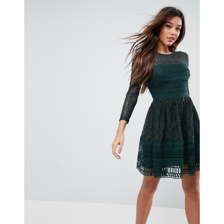 Asos design premium lace mini 2025 skater dress with long sleeves