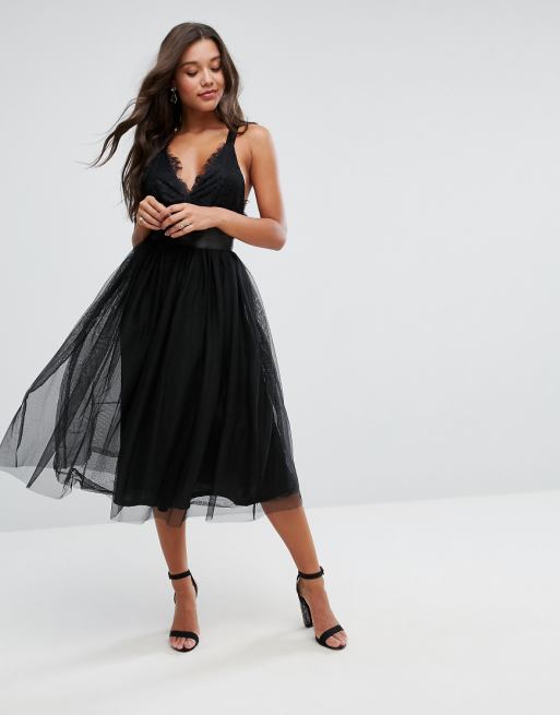 ASOS  PREMIUM Lace Top Tulle Midi Prom  Dress  with Ribbon   ASOS  PREMIUM Lace Top Tulle Midi Prom  Dress  with Ribbon