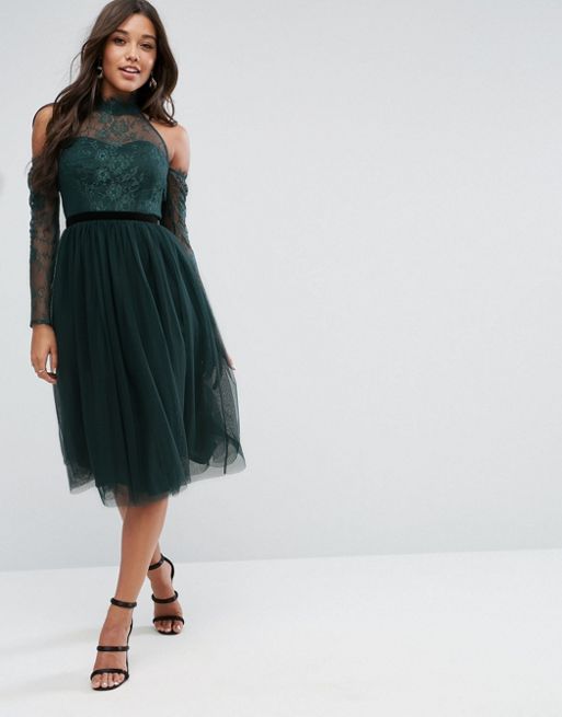 Asos Premium Lace Top Tulle Midi Prom Dress With Ribbon Ties Asos 1373