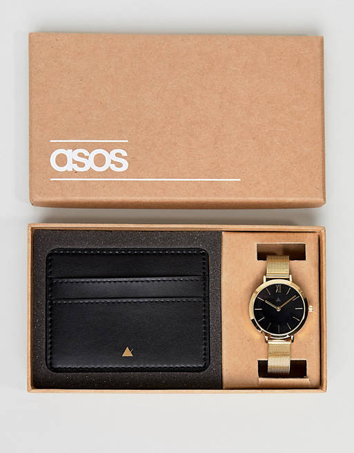ASOS Premium Leather Card Holder and Mesh Watch Gift Set