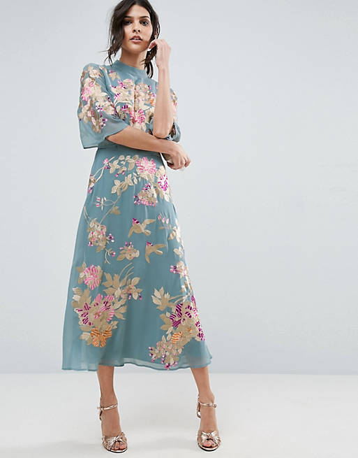 ASOS PREMIUM Midi Dress with Floral Embroidery | ASOS