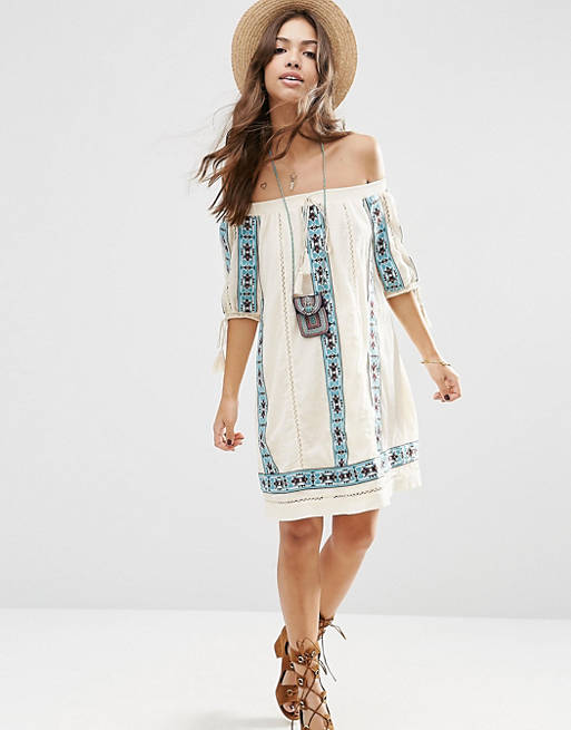 ASOS PREMIUM Off Shoulder Swing Dress With Geo-Tribal Embroidery
