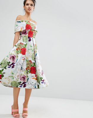 ASOS Premium Off The Shoulder Bardot Midi Prom Dress In Garden Floral ...
