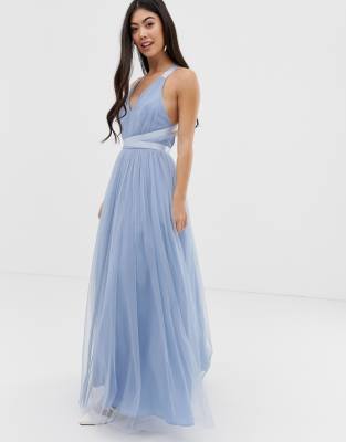 asos design premium tulle maxi prom dress with ribbon ties