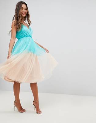 beige colour block pleated midi dress