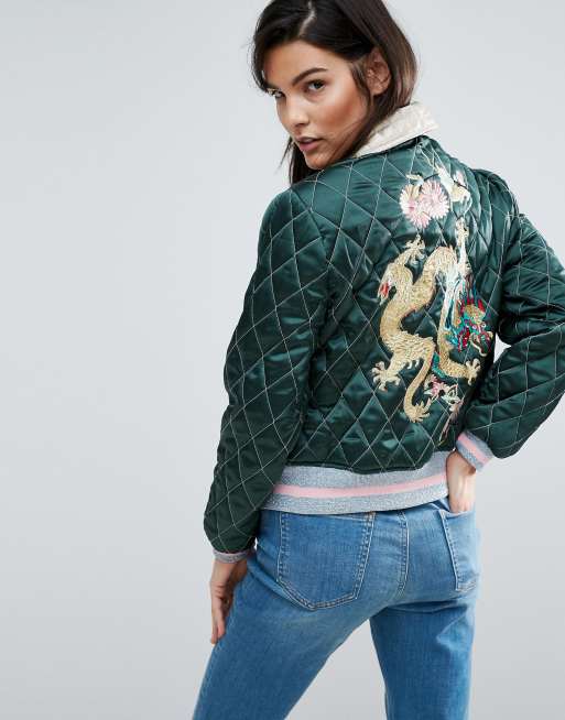 Blue Quilted Satin Bomber Jacket With Embroidery | SilkFred US