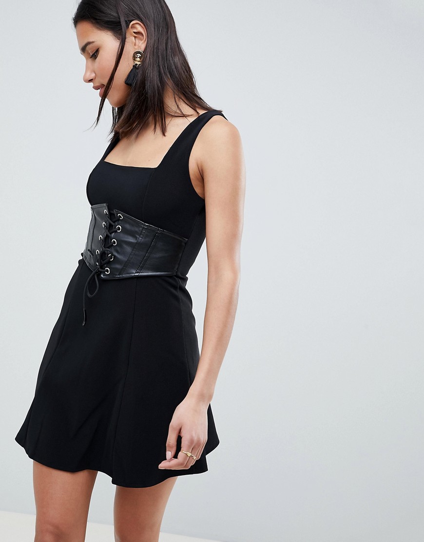 ASOS Premium Rib Mini Skater Dress With Faux Leather Corset-Black