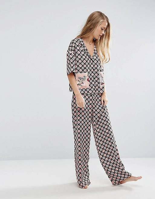 ASOS PREMIUM Satin Tile Print Floral Patch Pocket Shirt & Long Leg Pyjama Set