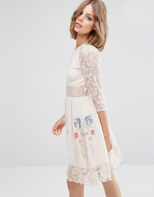 ASOS | ASOS PREMIUM Skater Dress with Lace Sleeves and Neon Embroidery