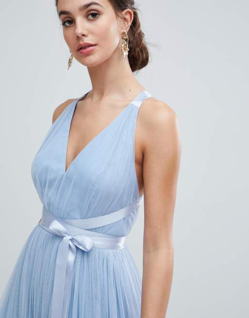 Asos design premium tulle maxi prom dress store with ribbon ties