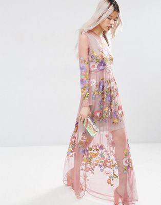 embroidered mesh maxi dress