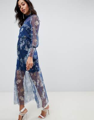 printed mesh maxi dress