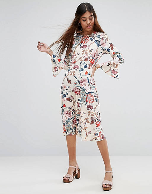 ASOS Printed Midi Column Dress with Fluted Sleeve in Floral Print