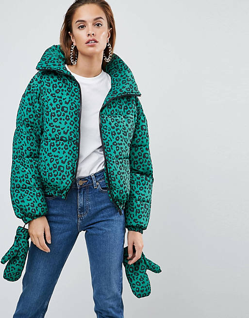 ASOS Puffer Jacket with Mittens in Leopard Print