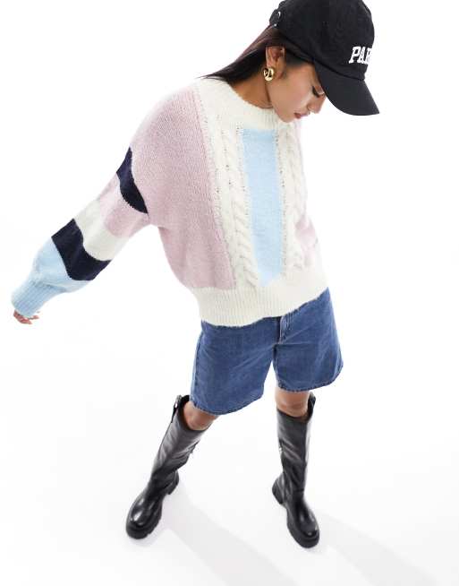 ASOS – Pullover mit Zopfmusterdetail in mehrfarbigem Blockfarbendesign