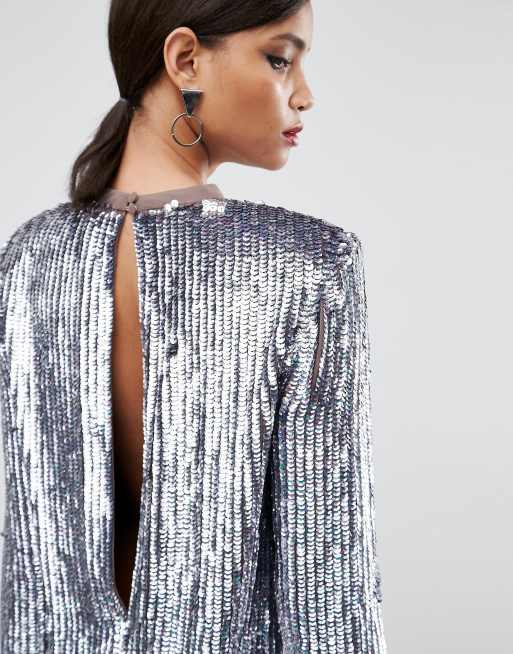 ASOS RED CARPET - Vestito midi in paillettes iridescenti con spalline, 3 di 4