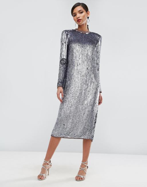 ASOS RED CARPET - Vestito midi in paillettes iridescenti con spalline, 4 di 4