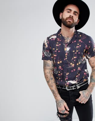 ASOS Regular Fit Viscose Japanese Print Shirt With Revere Collar