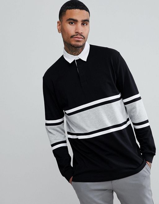 ASOS Relaxed Long Sleeve Rugby Polo Shirt With Contrast Panelling In ...