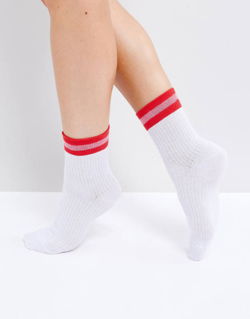 ASOS Ribbed Deep Welt Ankle Sock in White with Red Stripe