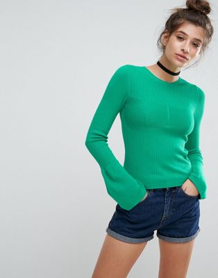 ASOS Ribbed Jumper With Stitch Detail And Fluted Sleeve
