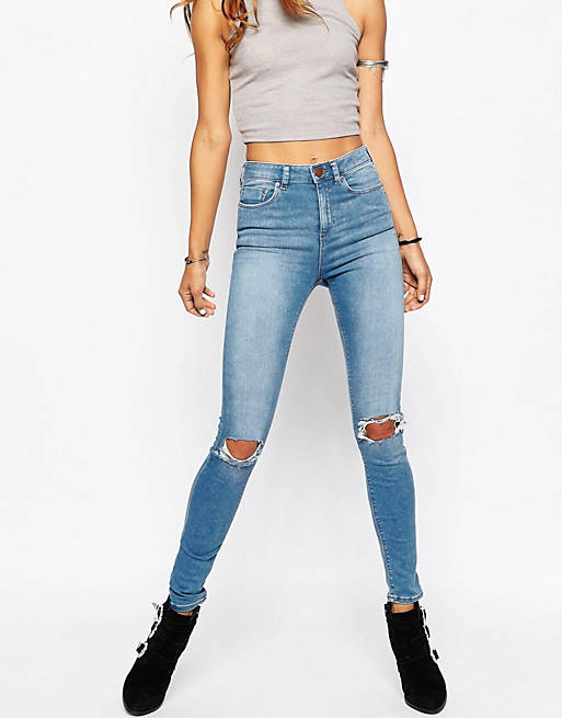 ASOS Ridley High Waist Skinny Jeans in Mia Mid Wash with Busted Knees