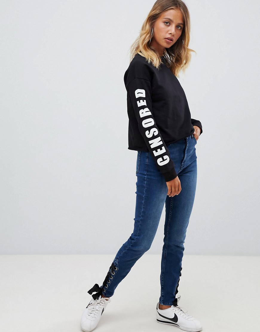 ASOS RIDLEY High Waist Skinny Jeans With Lace Up Hem In Nancy Dark London Blue
