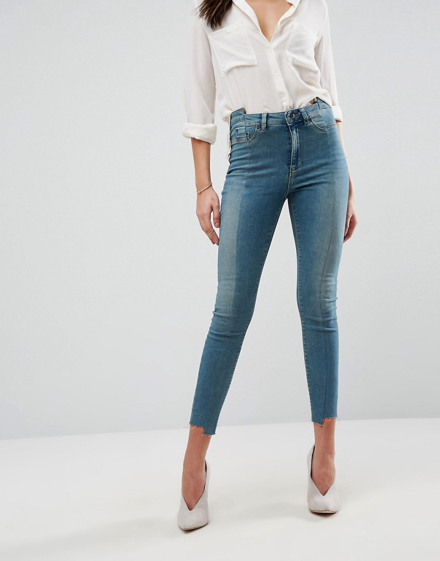 ASOS - RIDLEY - Højtaljede skinny jeans i chayene-grøn med asymmetrisk føm foran-Blå