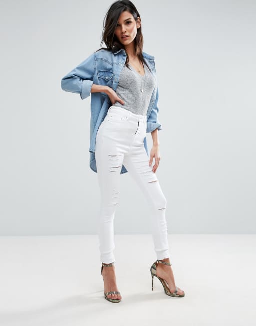 ASOS - Ridley - Hvide skinny-jeans med slidte flænger og nedrullede kanter, 3 af 4