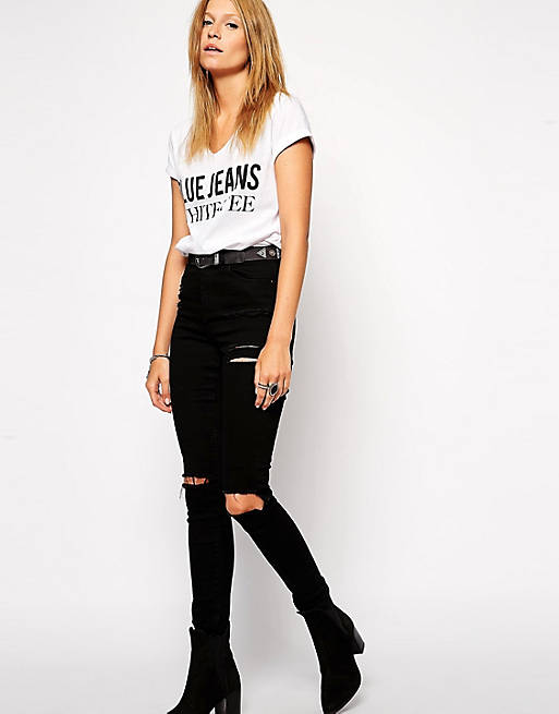 ASOS Ridley Jeans in Black with Thigh Rip and Busted Knees