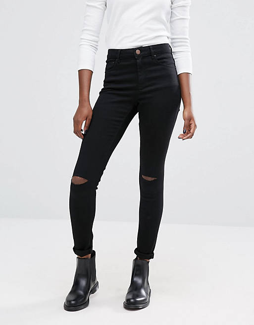 ASOS Ridley Skinny Jeans In Clean Black With Displaced Ripped Knees