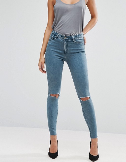 ASOS | ASOS RIDLEY Skinny Jeans in Lela Wash with Busted Knees and Raw Hem