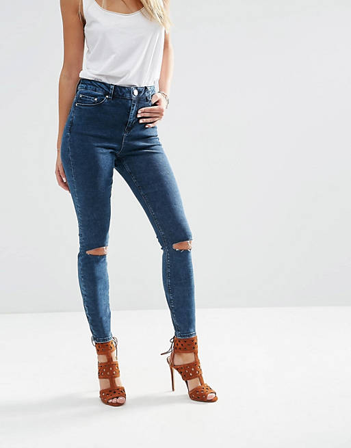 ASOS RIDLEY Skinny Jeans in Mottled Dark Wash With Ripped Knees