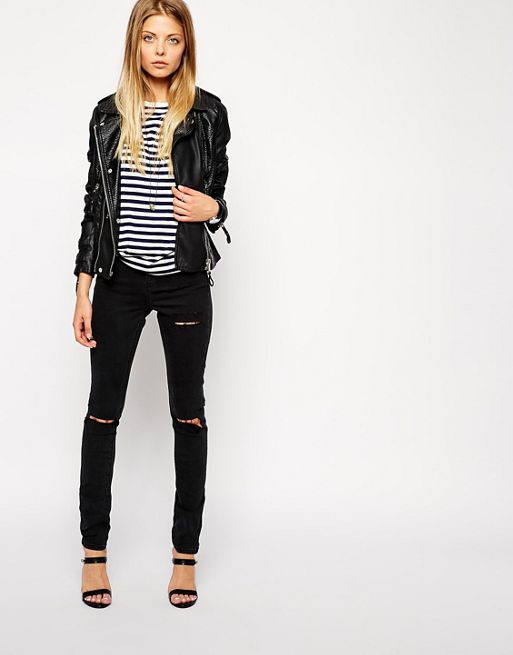 ASOS | ASOS Ridley Skinny Jeans in Washed Black with Thigh Rips and ...