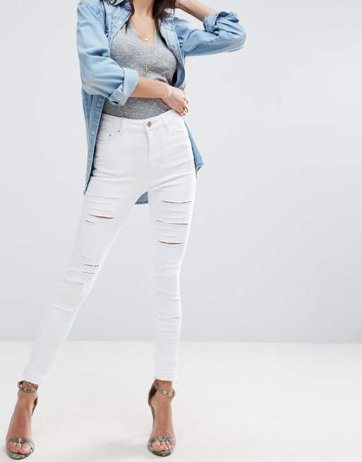 ASOS RIDLEY Skinny Jeans In White with Shredded Rips with Let-Down Hem